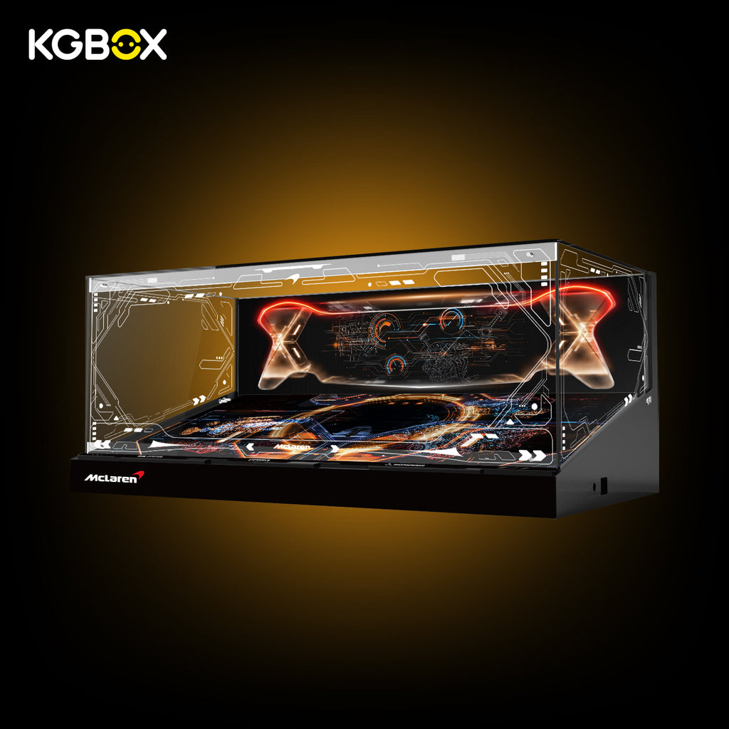 Side profile of deluxe KGBOX display case for LEGO 42172 McLaren P1