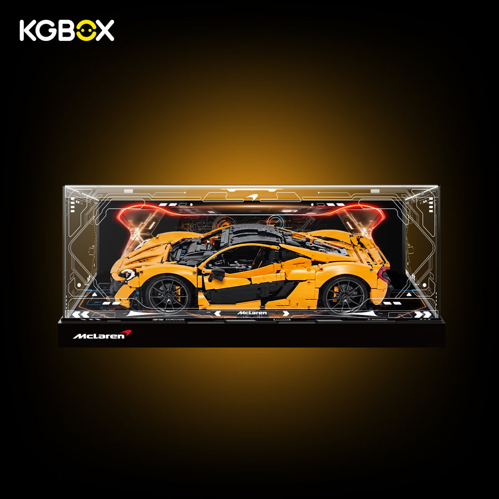 KGBOX Deluxe Version display case for LEGO 42172 McLaren P1, one-piece style acrylic showcase with built-in LED lighting