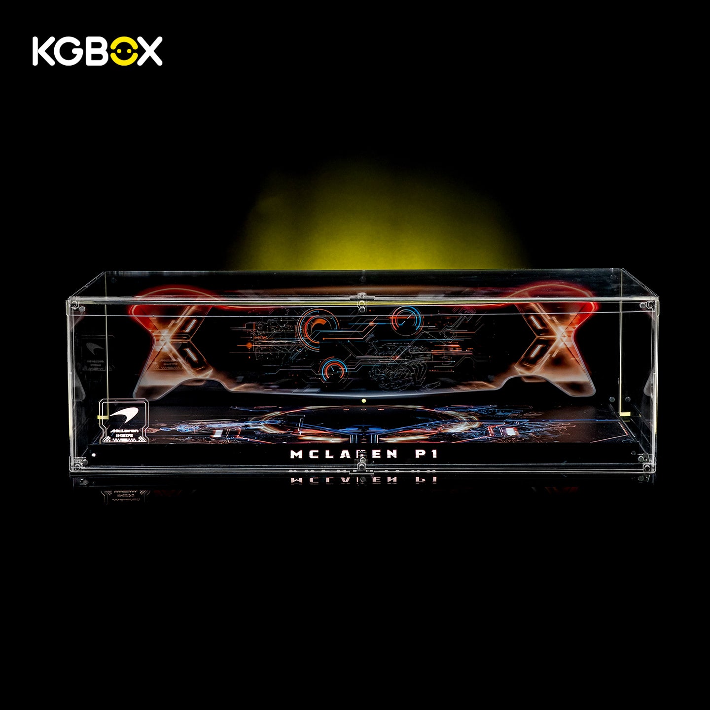 Premium KGBOX display case for LEGO 42172 McLaren P1, front view with LED lights on