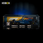 KGBOX premium LED UV freestanding display case for LEGO 42206 Red Bull RB20 F1 car, lit front view with complete Technic race car set