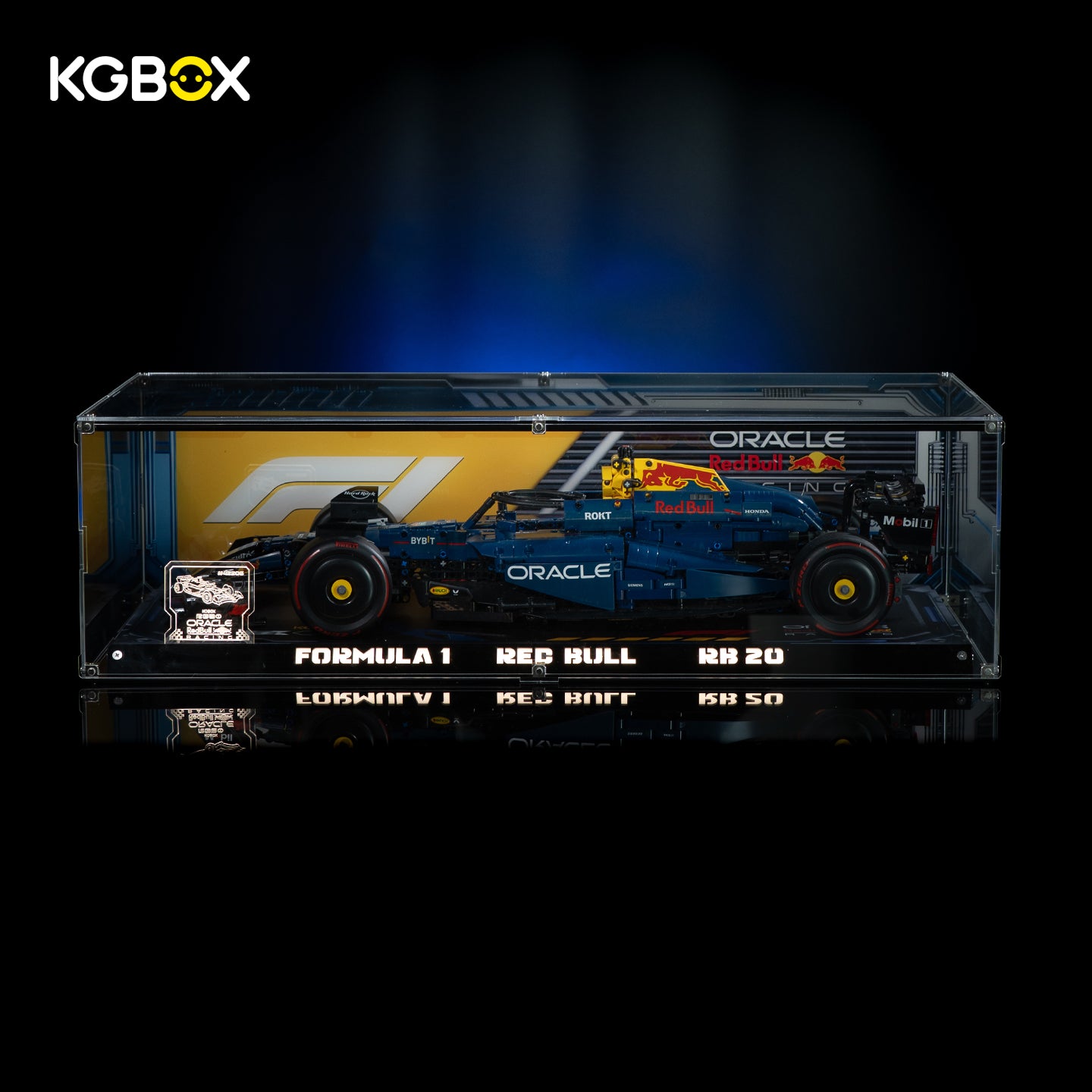 KGBOX premium LED UV freestanding display case for LEGO 42206 Red Bull RB20 F1 car, lit front view with complete Technic race car set