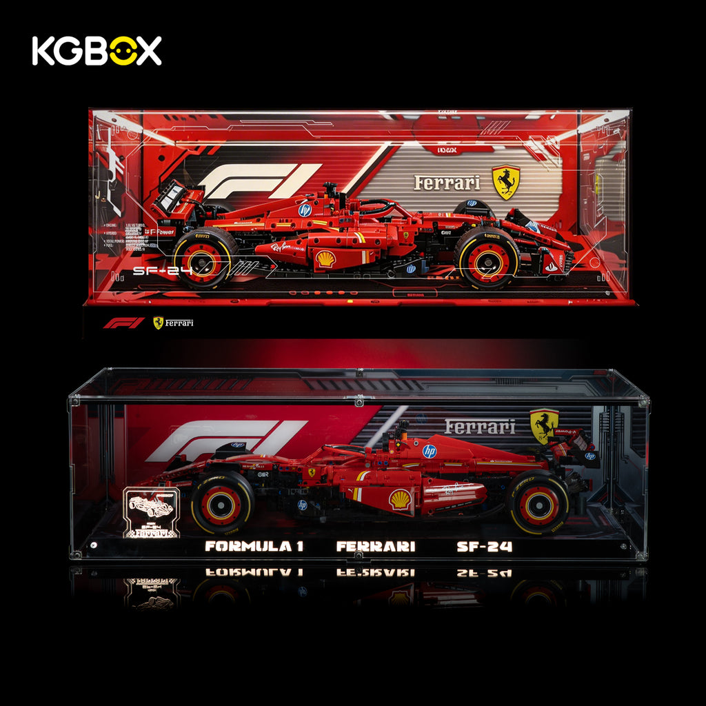 KGBOX LED UV display case for LEGO 42207 Ferrari SF-24 F1 car, lit front view with complete Technic race car set