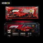 KGBOX LED UV display case for LEGO 42207 Ferrari SF-24 F1 car, lit front view with complete Technic race car set