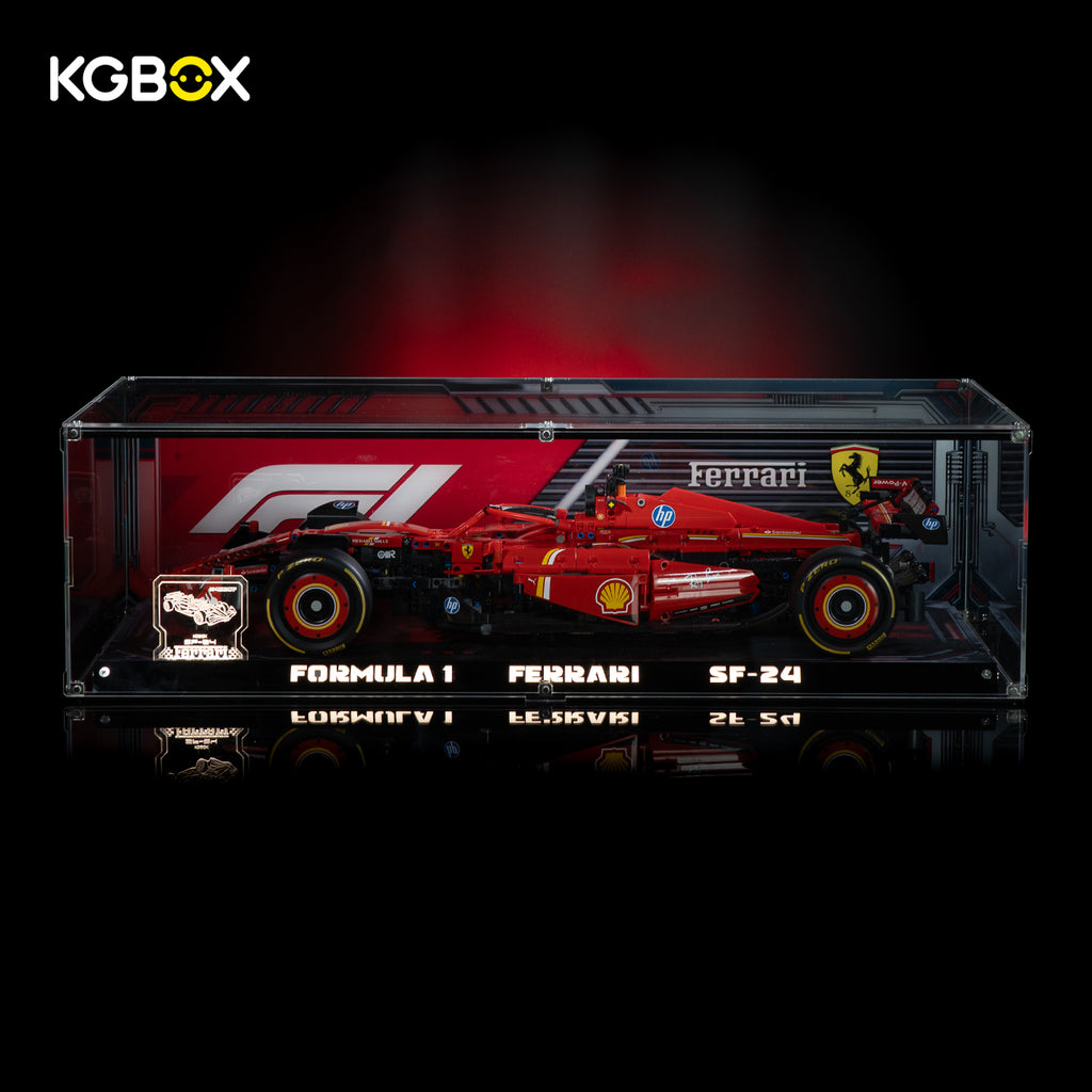 KGBOX premium LED UV  display case for LEGO 42207 Ferrari SF-24 F1 car, lit front view with complete Technic race car set