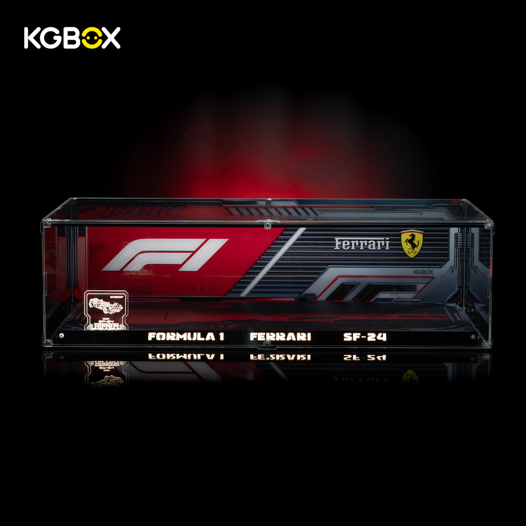 Empty premium KGBOX acrylic display case custom-sized for LEGO 42207 Ferrari SF-24 F1