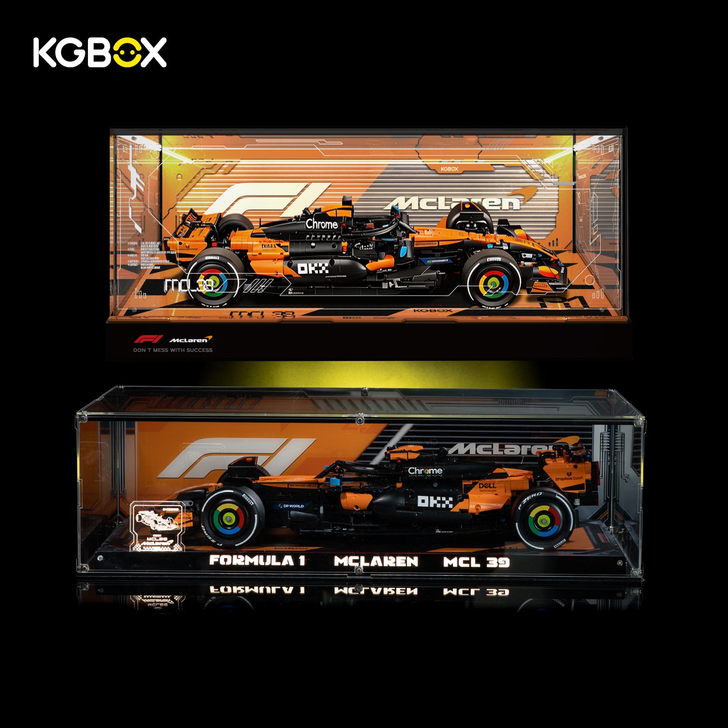KGBOX LED UV display case for LEGO 42228 McLaren MCL39 F1 car, lit front view with complete Technic championship race car set