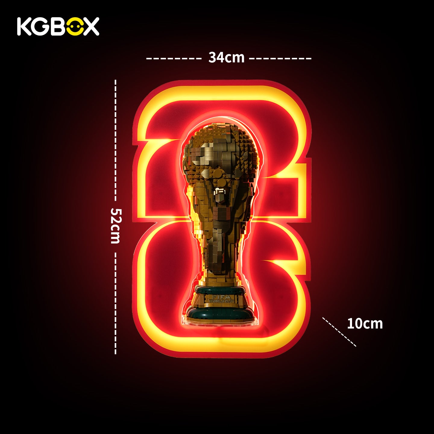 Official dimension size chart for wall-mount LED acrylic display stand fitting LEGO 43020 4000351 FIFA World Cup Trophy, full length width depth measurements