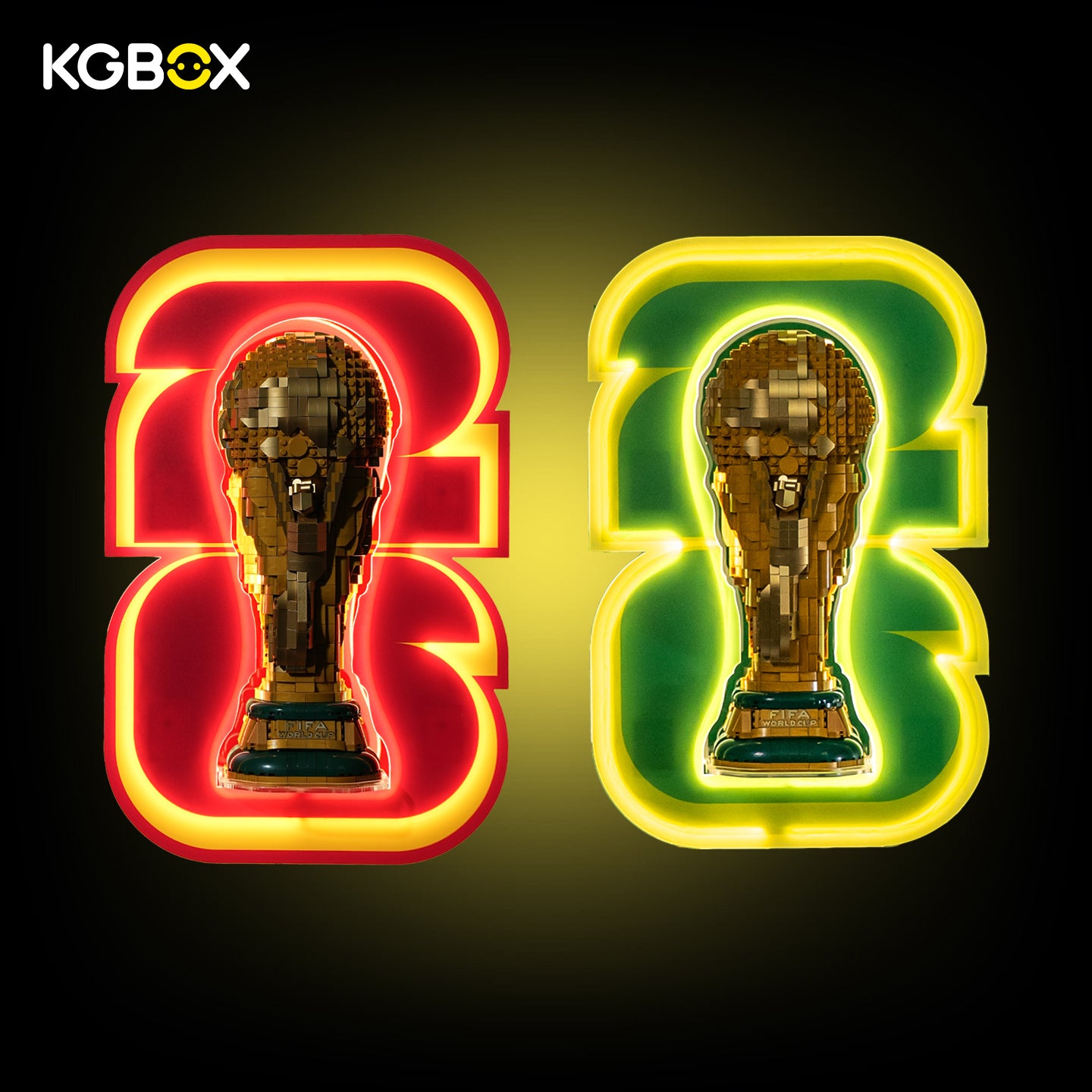 KGBOX wall-mounted LED display stand for LEGO 43020 4000351 FIFA World Cup Trophy, 4mm high-transparency acrylic, built-in full LED strips, exclusive trophy-shaped UV printed backplate 