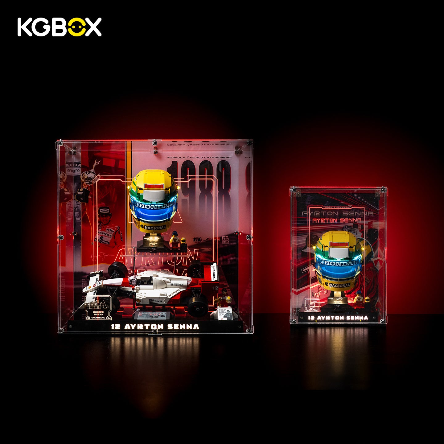 Single‑set & dual‑set 43024+10330 options. Premium with LED, nameplate & laser insert; Standard with UV‑backplate & mirror base. LEGO helmets NOT included.