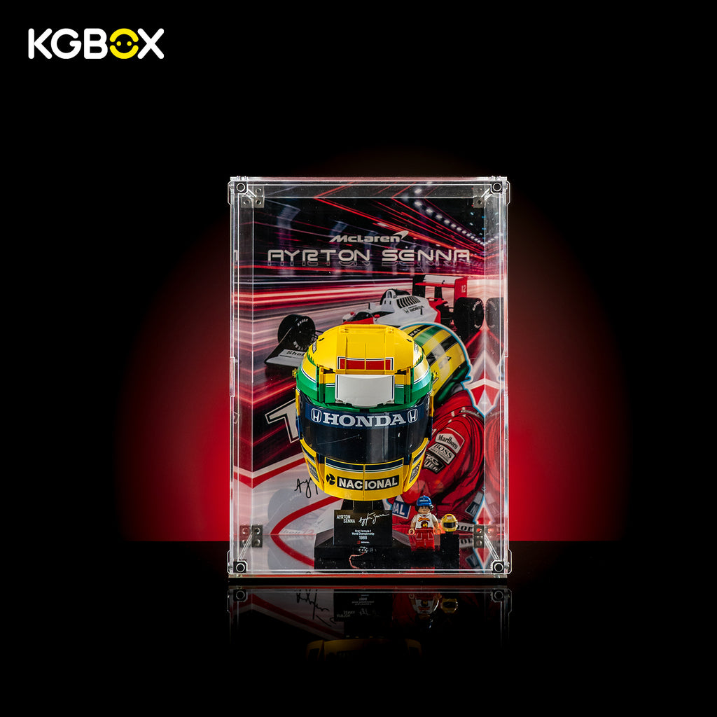 KGBOX Standard Assembly‑Kit single‑helmet display case for LEGO43024 Ayrton Senna Helmet, UV‑backplate, mirror base, magnetic door