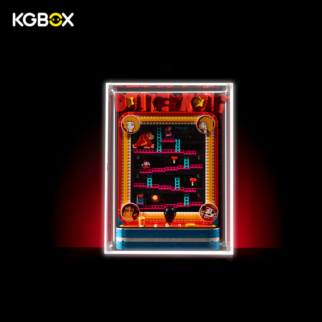 KGBOX 5mm modular spliced display case for LEGO 72051 Donkey Kong Arcade, LED back‑lit panel illuminated effect