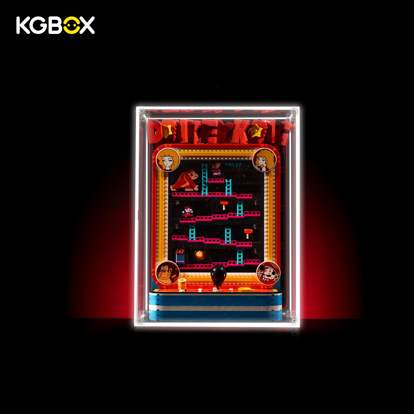 KGBOX 5mm modular spliced display case for LEGO 72051 Donkey Kong Arcade, LED back‑lit panel illuminated effect