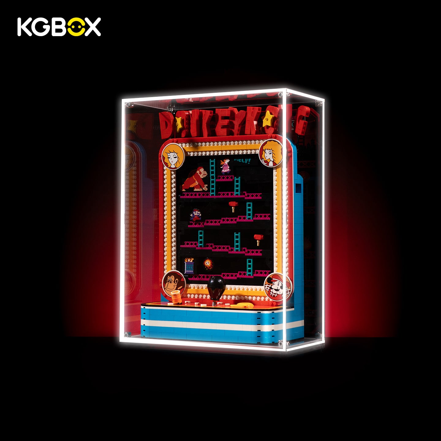 KGBOX 5mm modular spliced display case for LEGO 72051 Donkey Kong Arcade, LED back‑lit panel illuminated effect