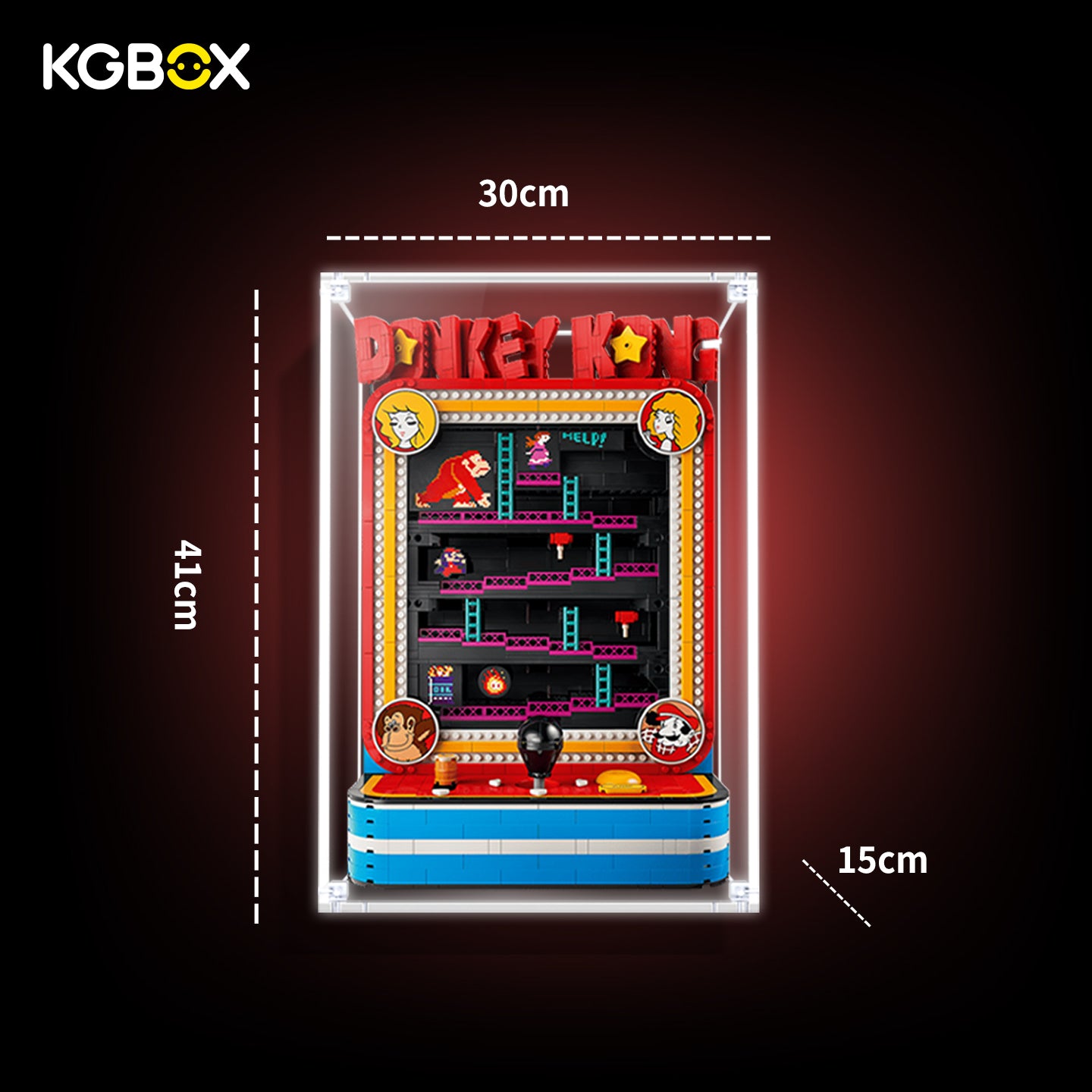 Dimension size chart for KGBOX display case compatible with LEGO 72051 Donkey Kong Arcade