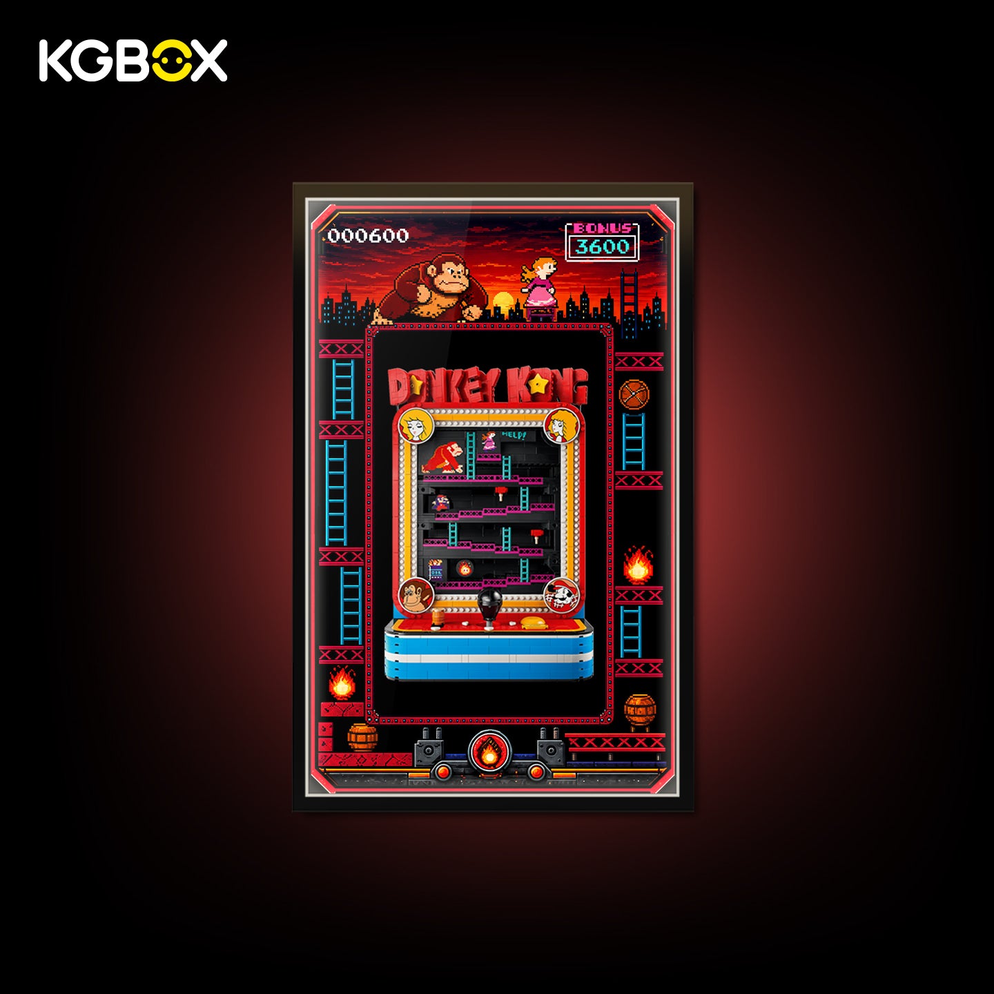 KGBOX LED lighted wall display frame with LEGO 72051 Donkey Kong Arcade, front wall-mounted view