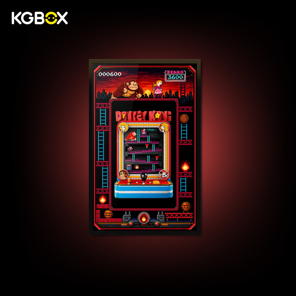KGBOX non-light wall display frame with LEGO 72051 Donkey Kong Arcade, front view