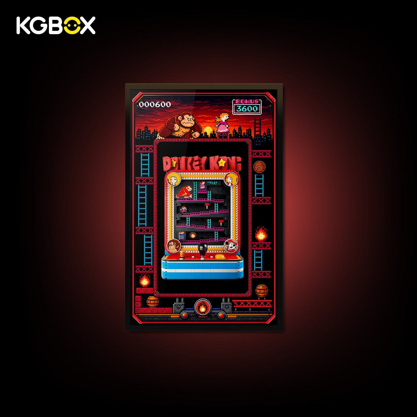 KGBOX non-light wall display frame with LEGO 72051 Donkey Kong Arcade, front view