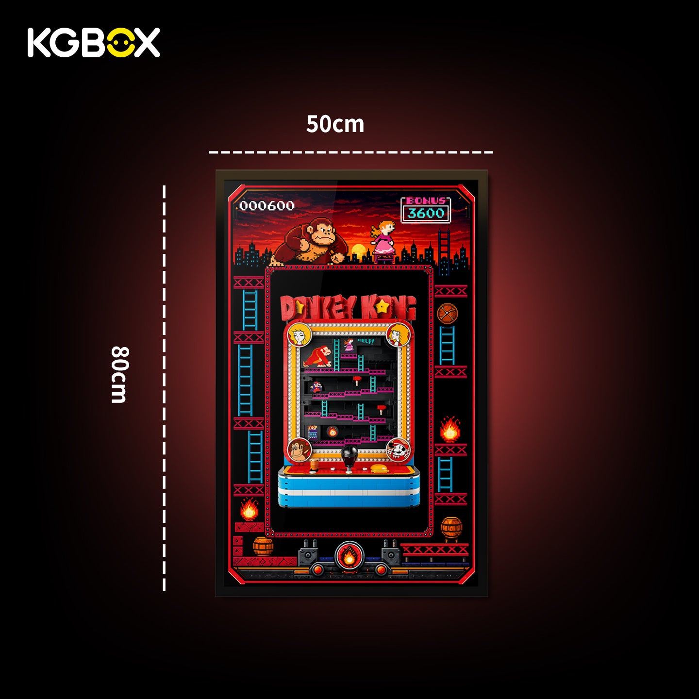 Official dimension size chart for KGBOX wall display frame fitting LEGO 72051 Donkey Kong Arcade