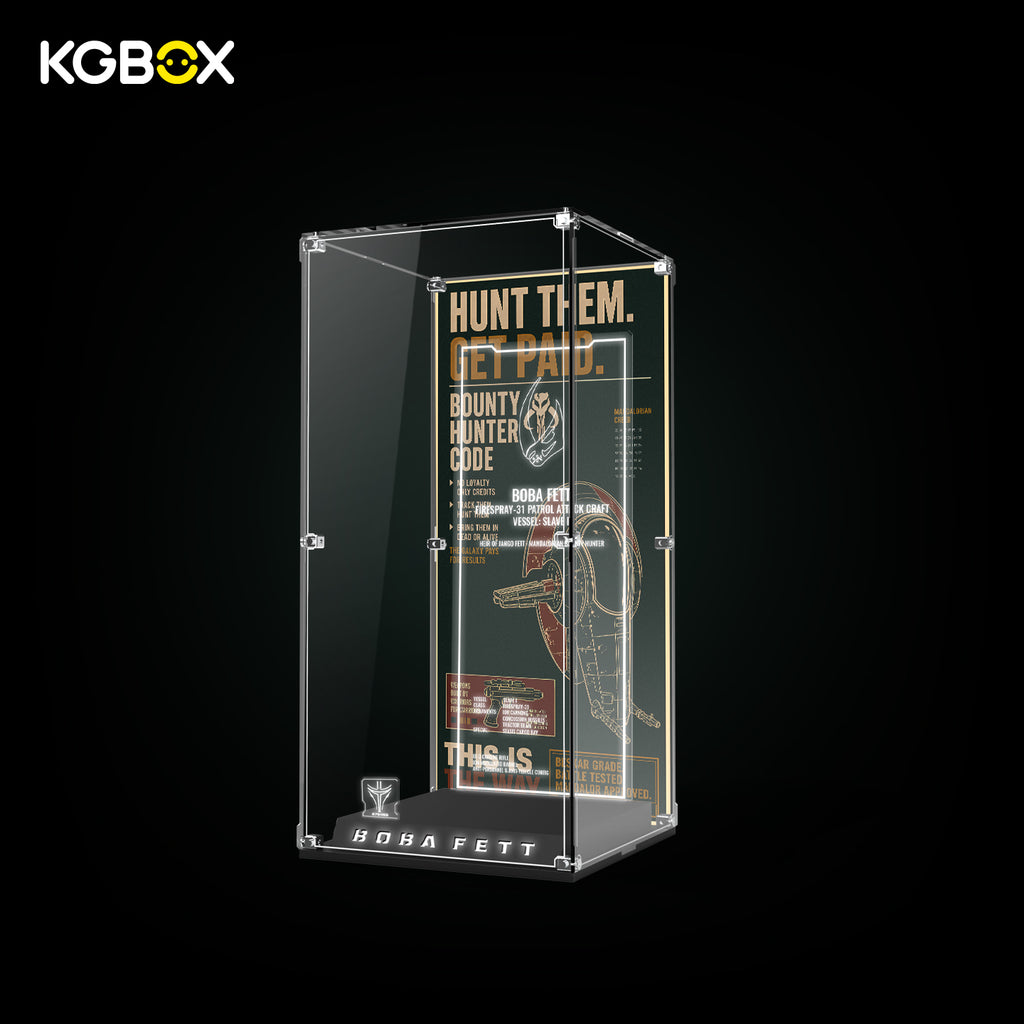 Empty Premium Modular Collector Edition spliced display case for LEGO 75455 Boba Fett, LED lighting, engraved nameplate and laser‑etched insert panel