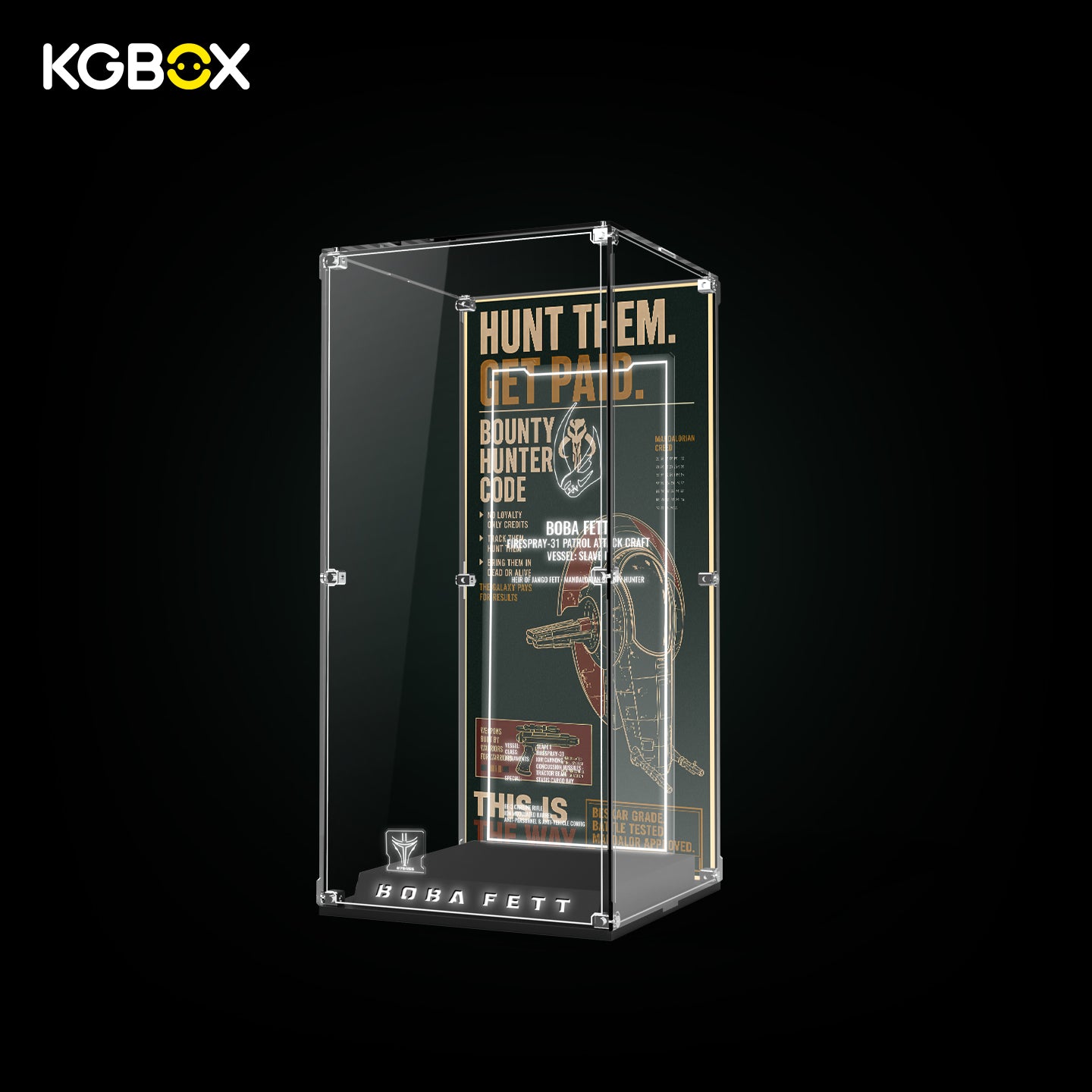 Empty Premium Modular Collector Edition spliced display case for LEGO 75455 Boba Fett, LED lighting, engraved nameplate and laser‑etched insert panel