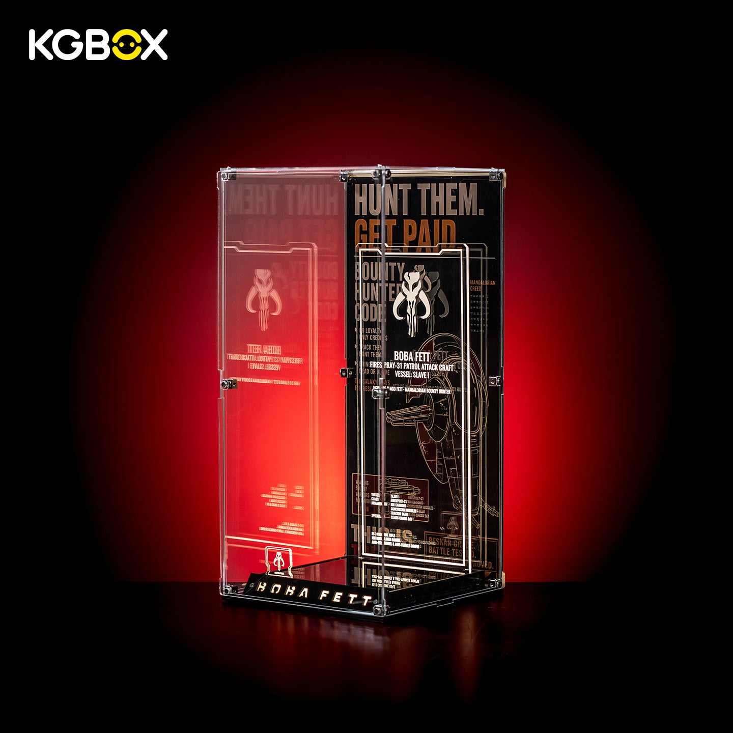 Empty Premium Modular Collector Edition spliced display case for LEGO 75455 Boba Fett, LED lighting, engraved nameplate and laser‑etched insert panel