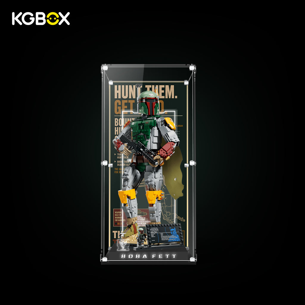 KGBOX Premium Modular Collector Edition modular‑spliced display case with LED for LEGO 75455 Boba Fett, front view with minifigure
