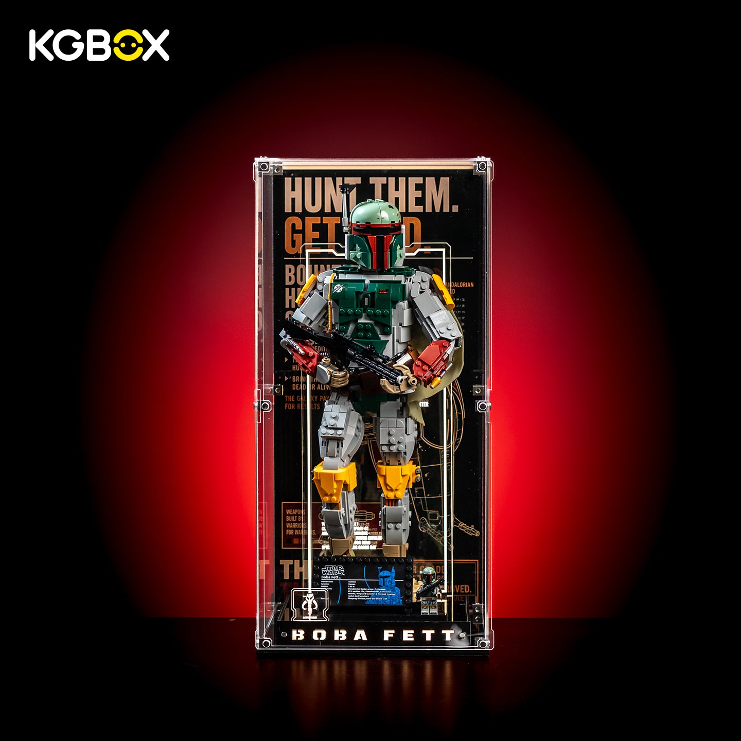 KGBOX Premium Modular Collector Edition modular‑spliced display case with LED for LEGO 75455 Boba Fett, front view with minifigure