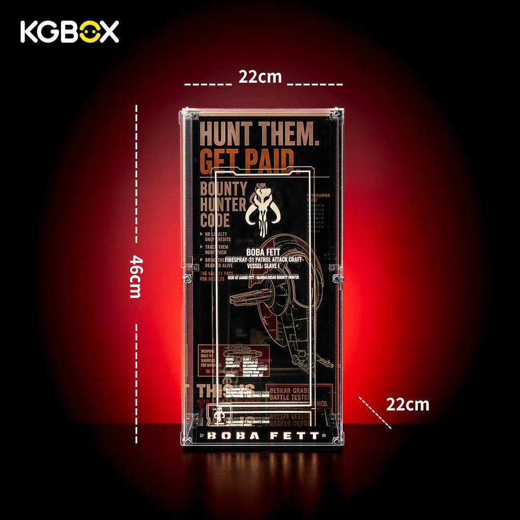 Official dimension size chart for KGBOX modular display case fitting LEGO 75455 Boba Fett, length width height measurements