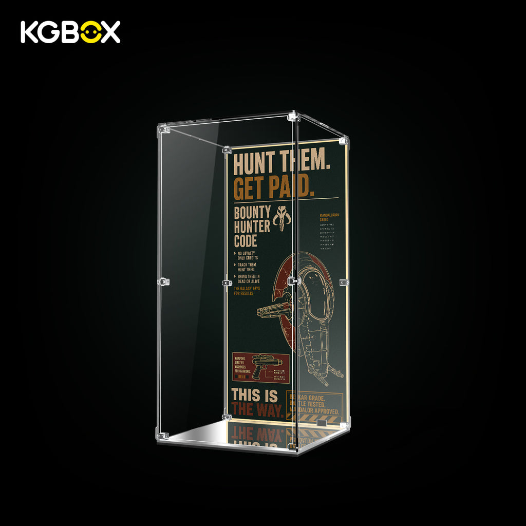 Empty Standard Modular Edition spliced acrylic display case for LEGO 75455 Boba Fett, UV printed backplate, magnetic front door and mirror bottom panel
