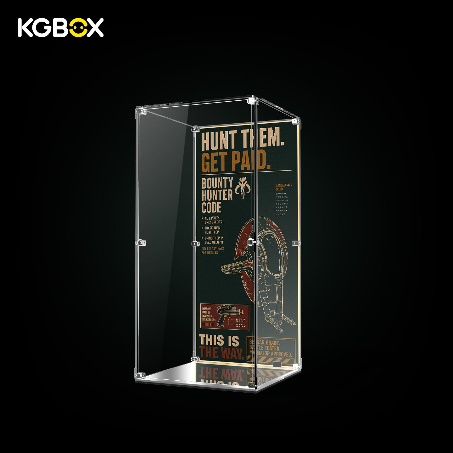 Empty Standard Modular Edition spliced acrylic display case for LEGO 75455 Boba Fett, UV printed backplate, magnetic front door and mirror bottom panel