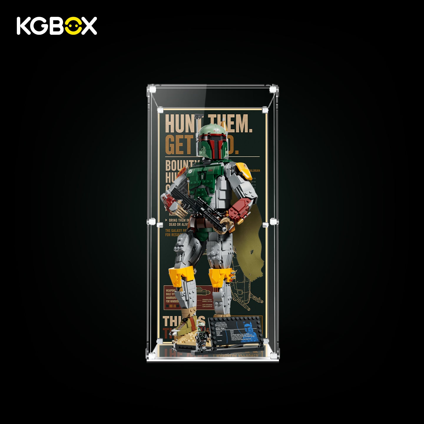 KGBOX Standard Modular Edition spliced display case for LEGO 75455 Boba Fett, UV backplate, magnetic door, mirror bottom, with minifigure