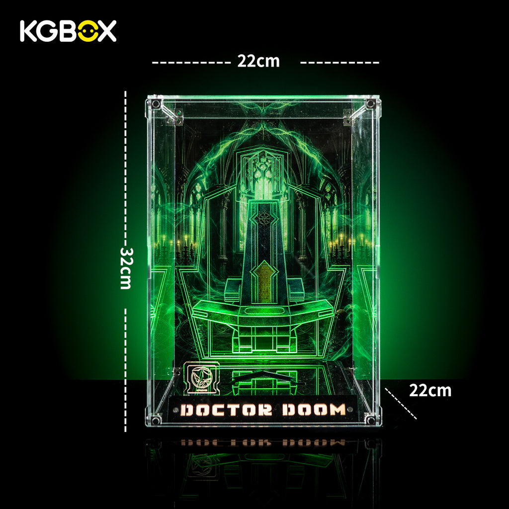 Dimension chart for KGBOX Premium Collector Assembly‑Kit display case for LEGO76345 Doctor Doom Bust, size specification diagram