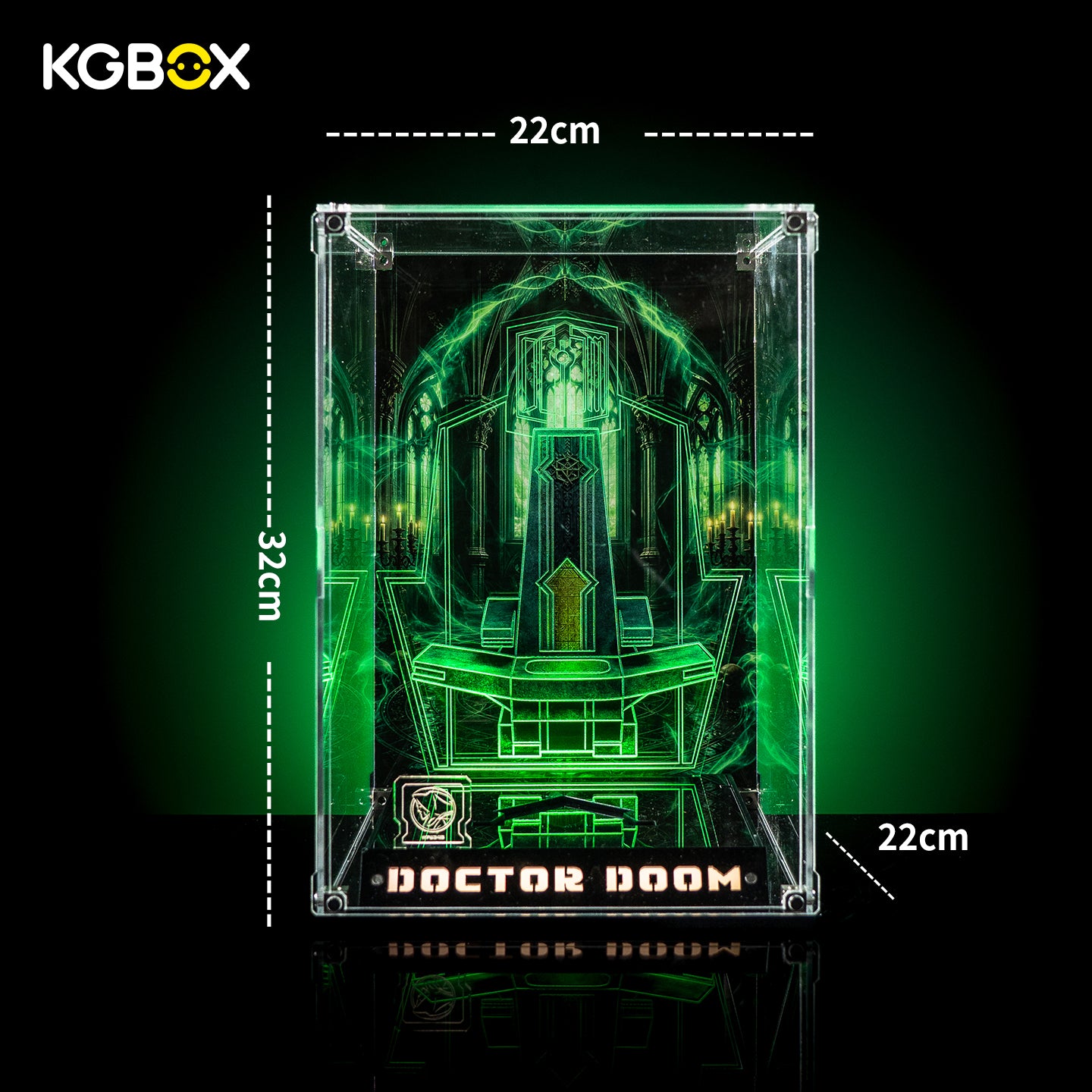 Dimension chart for KGBOX Premium Collector Assembly‑Kit display case for LEGO76345 Doctor Doom Bust, size specification diagram