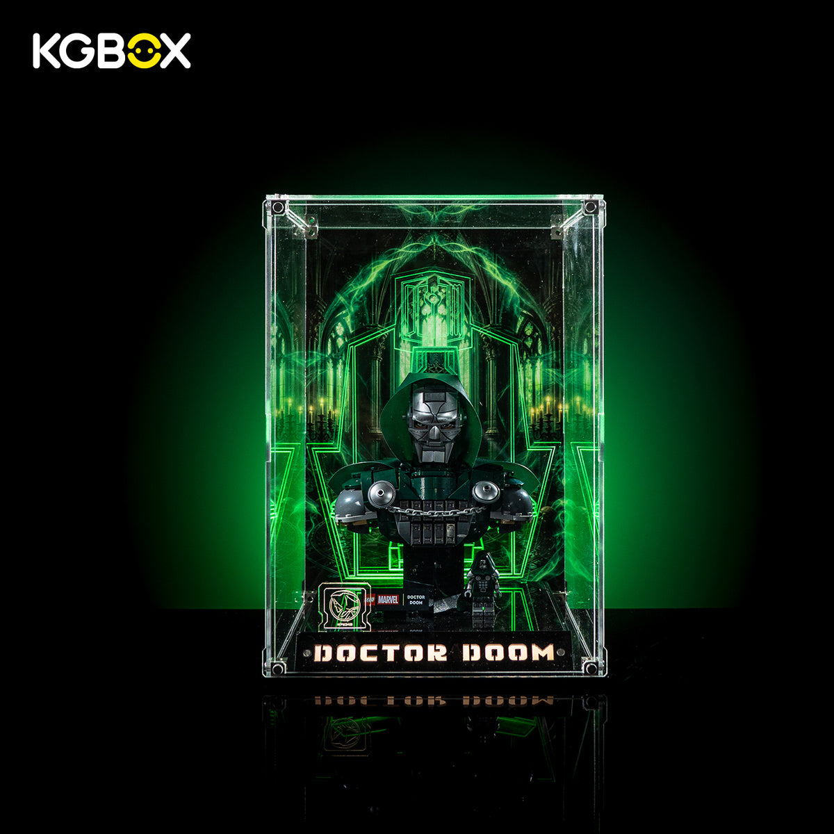 KGBOX Premium Collector Assembly‑Kit display case for LEGO76345 Doctor Doom Bust, built‑in LED light, engraved nameplate, laser‑etched insert