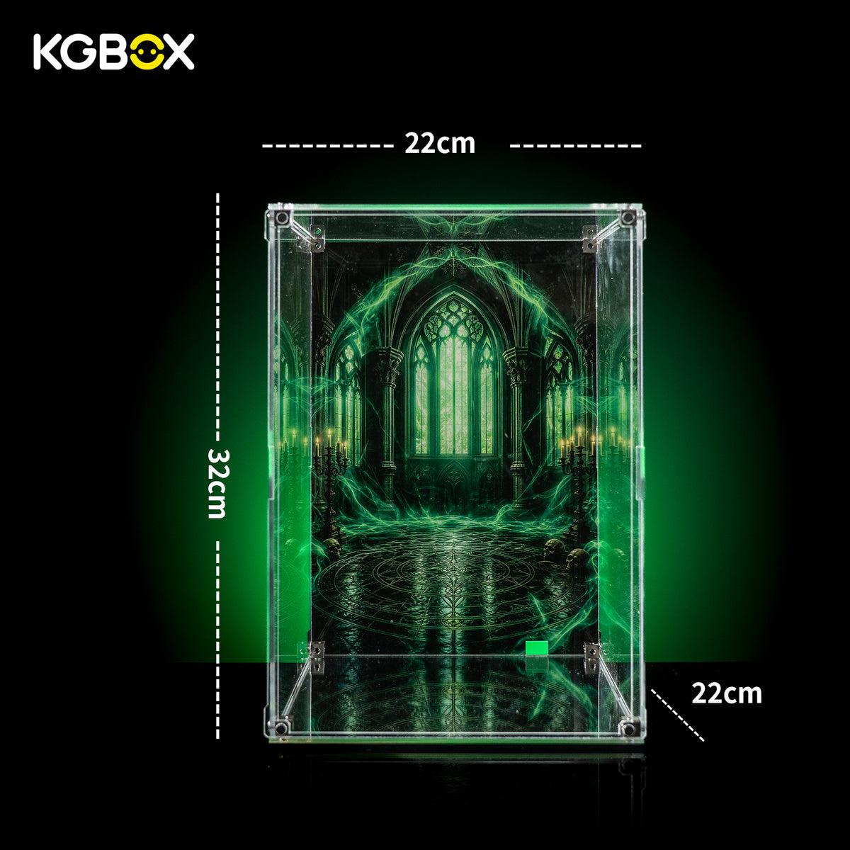 Dimension chart for KGBOX Standard Assembly‑Kit display case for LEGO 76345 Doctor Doom Bust, size specification diagram