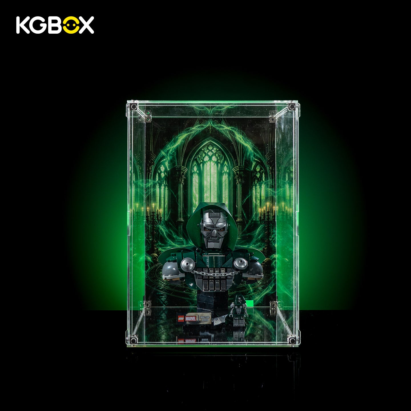 KGBOX Standard Assembly‑Kit display case for LEGO76345 Doctor Doom Bust, UV‑backplate, mirror base, magnetic front access door