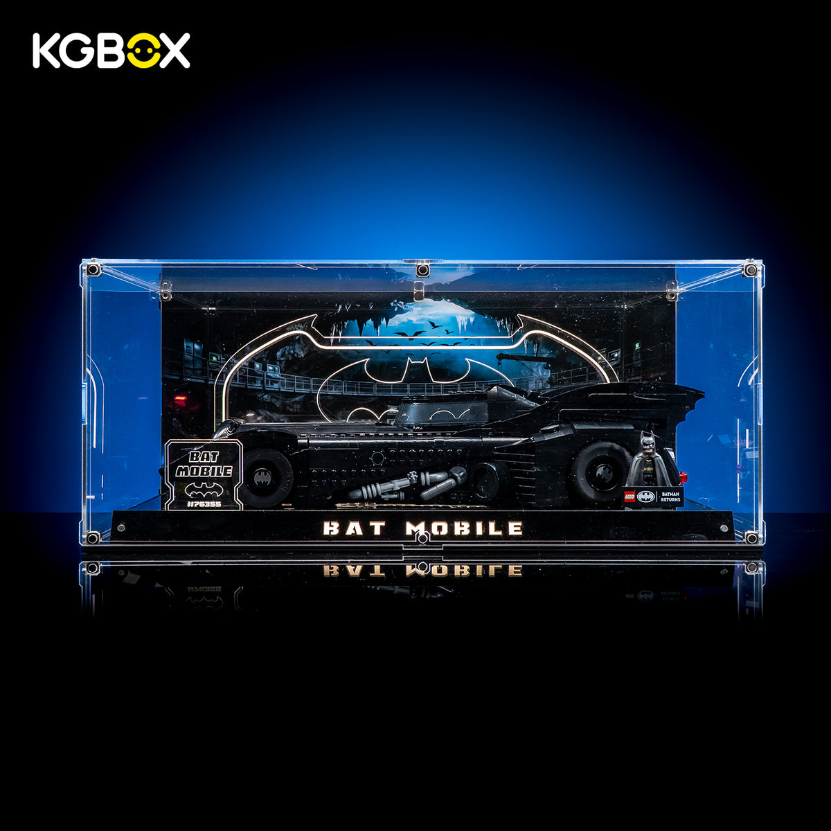 KGBOX Collector Edition display case for LEGO 76355 Batman Returns Batmobile, with model installed, LED lighting, engraved nameplate, laser‑etched insert