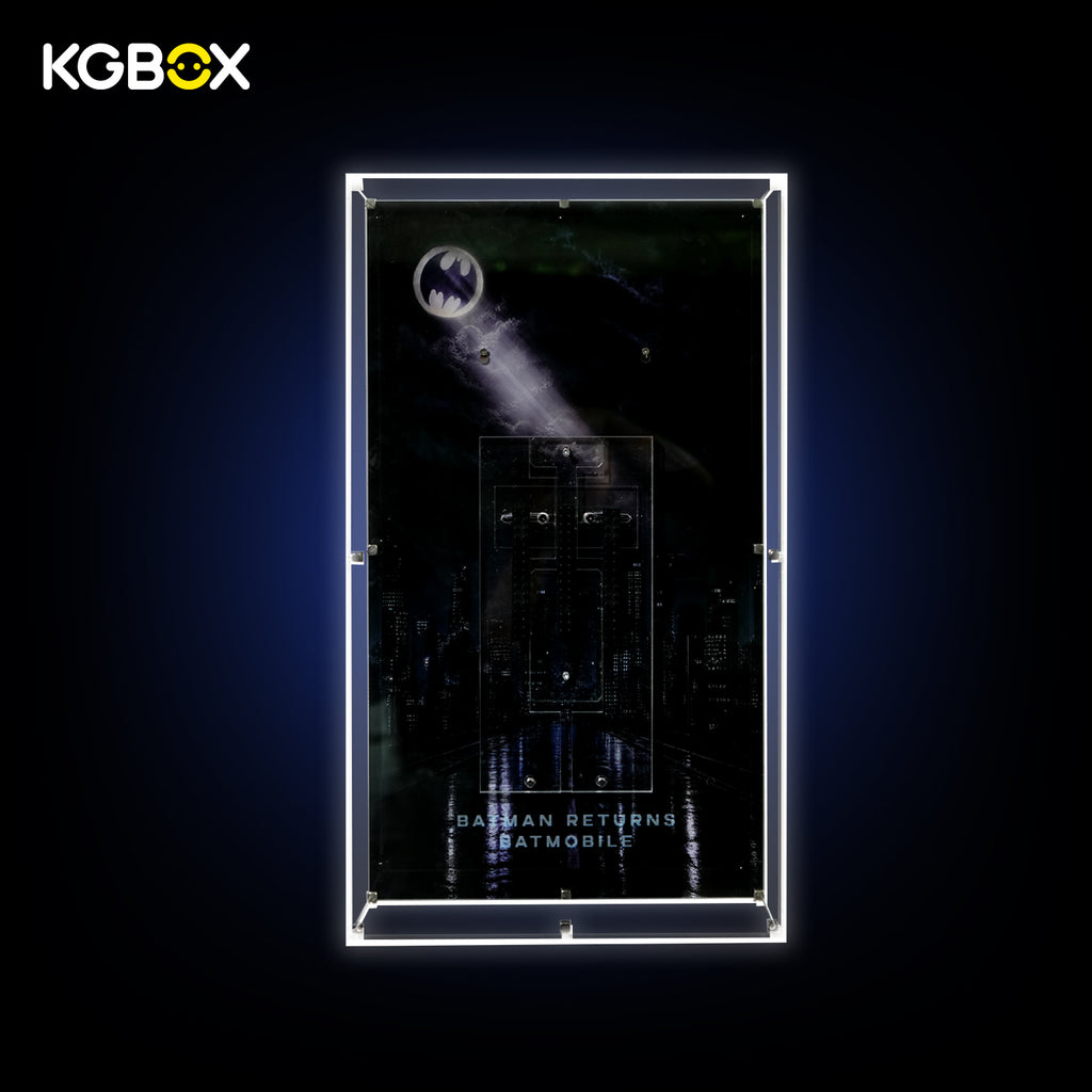 Back‑lit empty Reinforced Edition showcase for LEGO76355 Batmobile, wall‑mountable acrylic, optional light‑panel kit, lighting turned on, model not included