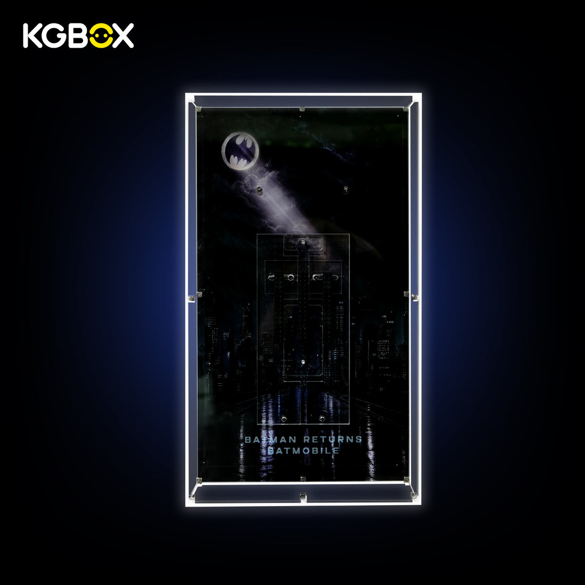 Back‑lit empty Reinforced Edition showcase for LEGO76355 Batmobile, wall‑mountable acrylic, optional light‑panel kit, lighting turned on, model not included