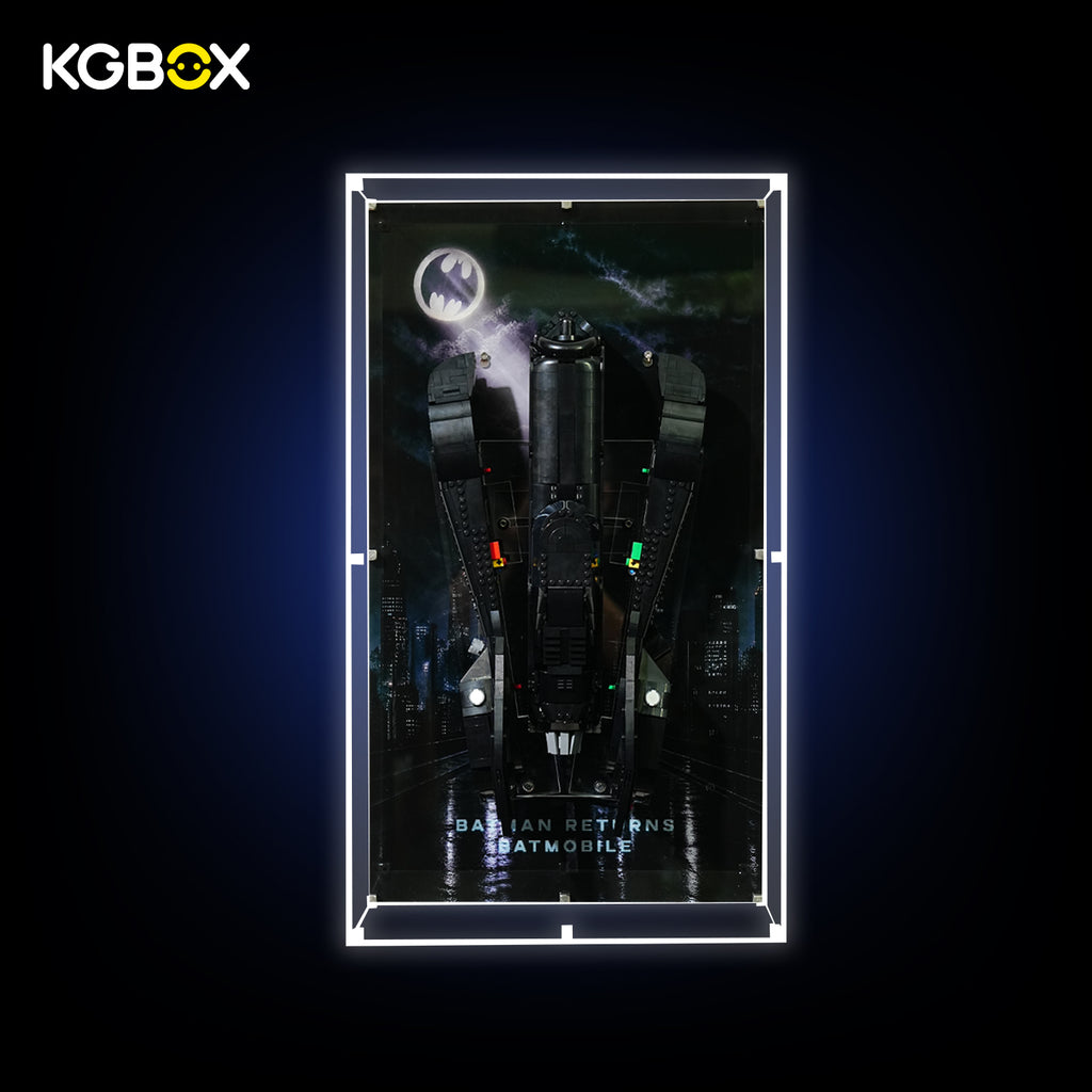 Back‑lit Reinforced Edition display case for LEGO76355 Batmobile, wall‑mountable, optional light‑panel kit,Batmissile transformation modes installed, lighting turned on