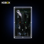 Back‑lit Reinforced Edition display case for LEGO76355 Batmobile, wall‑mountable, optional light‑panel kit,Batmissile transformation modes installed, lighting turned on