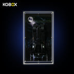 Back‑lit Reinforced Edition display case for LEGO76355 Batmobile, wall‑mountable, optional light‑panel kit, model installed, lighting turned on