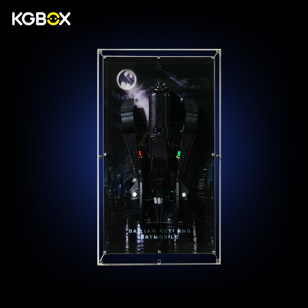 Back‑lit Reinforced Edition display case for LEGO76355 Batmobile, wall‑mountable, optional light‑panel kit,Batmissile transformation modes installed
