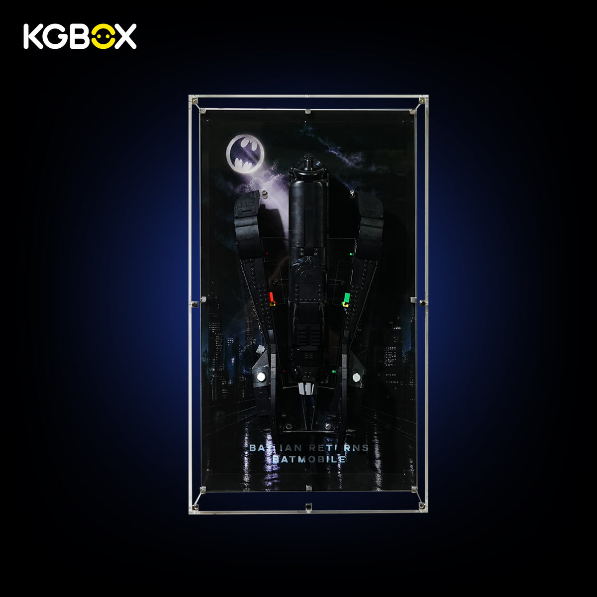 Back‑lit Reinforced Edition display case for LEGO76355 Batmobile, wall‑mountable, optional light‑panel kit,Batmissile transformation modes installed