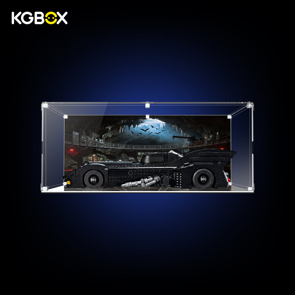 KGBOX Standard Edition display case for LEGO76355 Batman Returns Batmobile, with model installed, UV‑backplate, mirror base, magnetic door