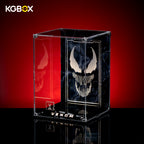 Empty collector spliced acrylic showcase for LEGO 76356 Venom Bust, close‑up of laser‑etched insert and engraved nameplate