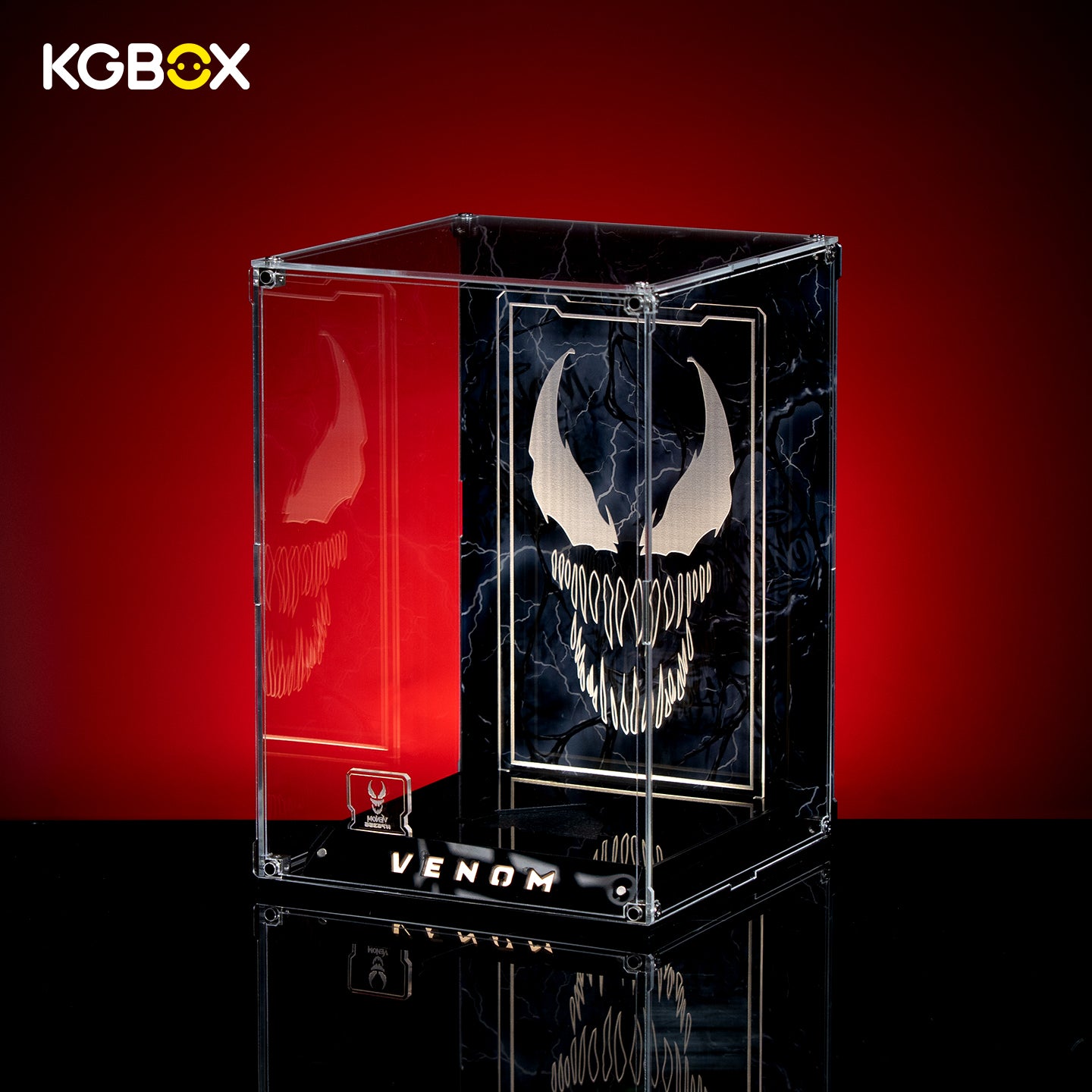 Empty collector spliced acrylic showcase for LEGO 76356 Venom Bust, close‑up of laser‑etched insert and engraved nameplate