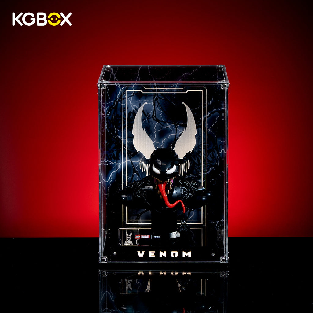 Premium Collector Spliced KGBOX display case lit up with LEGO 76356 Venom Bust, engraved nameplate and laser‑etched insert panel