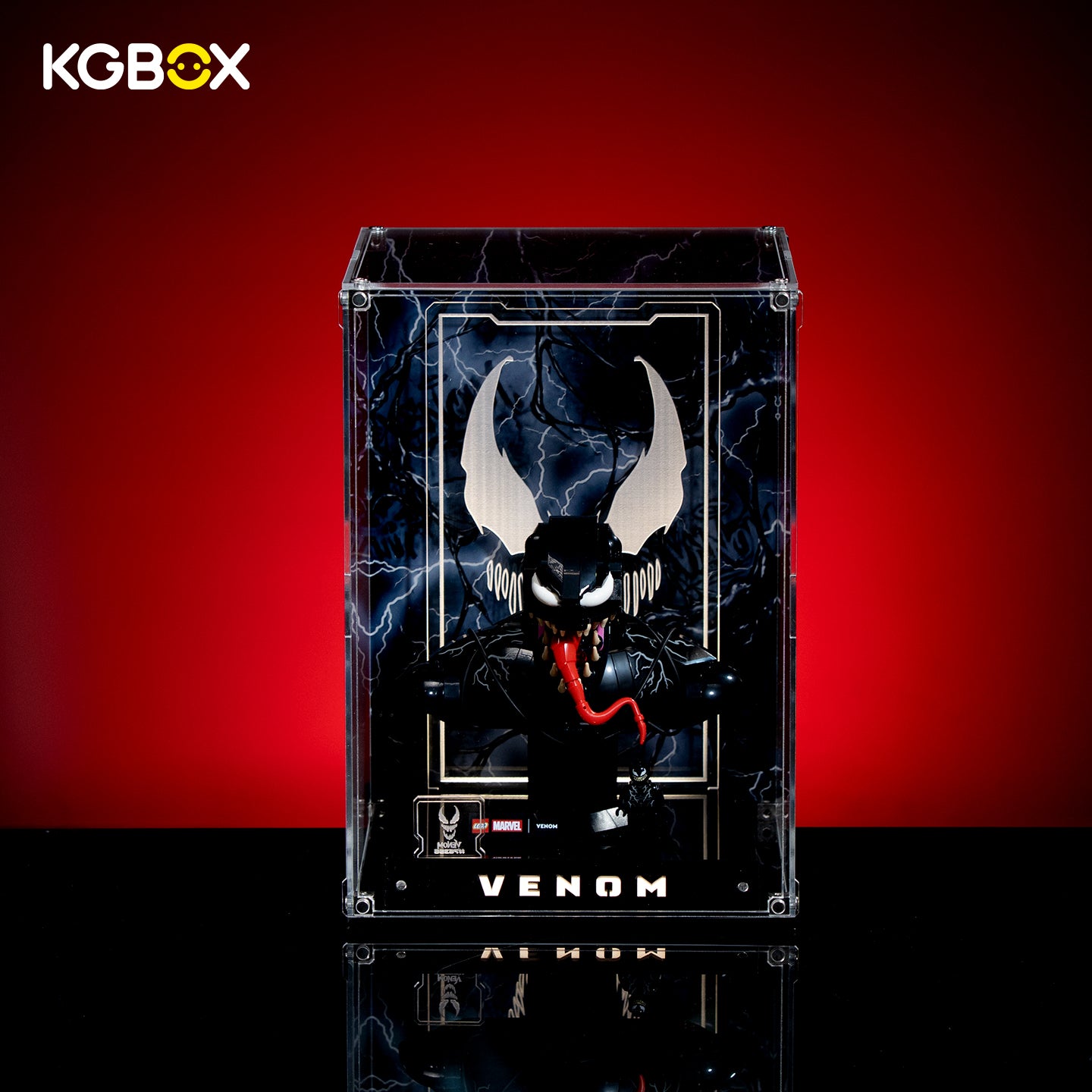 Premium Collector Spliced KGBOX display case lit up with LEGO 76356 Venom Bust, engraved nameplate and laser‑etched insert panel
