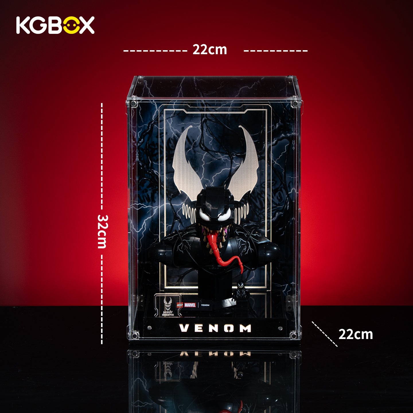 Official dimension size chart for KGBOX display case fitting LEGO 76356 Venom Bust, length width height measurements